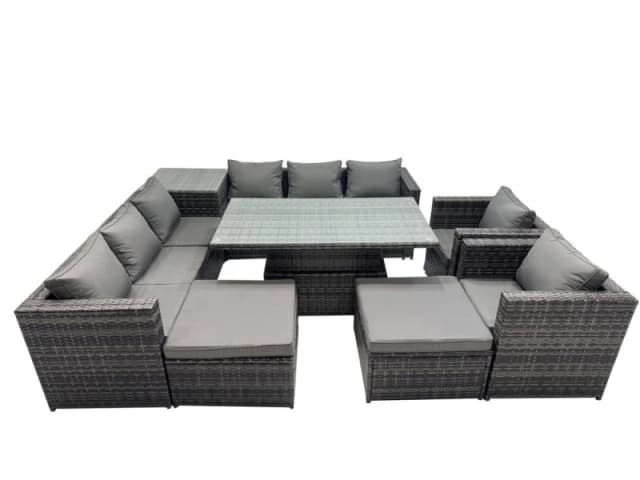 Fimous 10 Seater Outdoor Garden Rattan Furniture Set with Side Table 2 Stool in Dark Grey Dark Grey Unisex