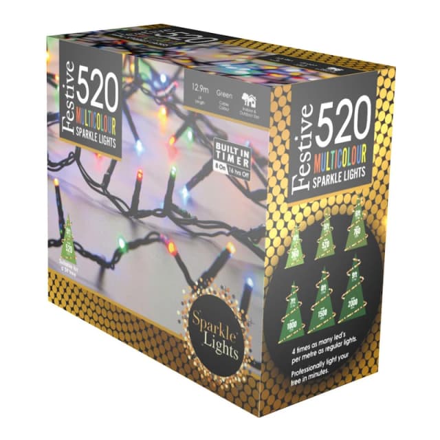 Festive 12.9m Indoor & Outdoor Christmas Tree Fairy Lights 520 Multicoloured LEDs