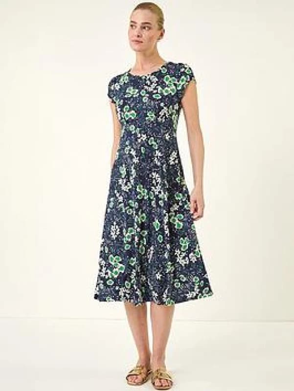 Roman Womens Floral Print Midi Tea Dress in Navy Size: 10 Navy Female 10