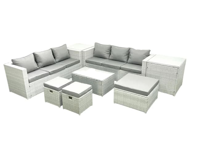 Fimous Garden Outdoor PE Rattan Furniture Set 9 Seater Rattan Garden Sofa Set with 3 Footstools 2 Side Tables Light Grey Mixed Light Grey