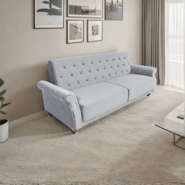 3 Seater Sofa Bed, 225Cm Velvet Click Clack Sofa Bed With Solid Wood Legs - Grey