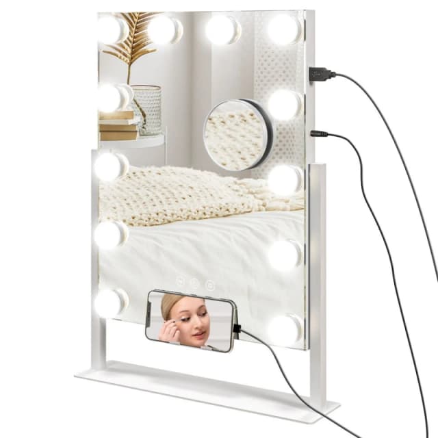 HOMCOM Hollywood Lighted Makeup Mirror With Magnifier, USB Port, Phone Holder, White 505-020V70WT