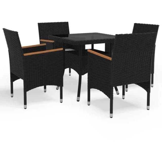 VIDAXL 5 Piece Garden Dining Set Poly Rattan and Tempered Glass Black Vidaxl 8720286852408