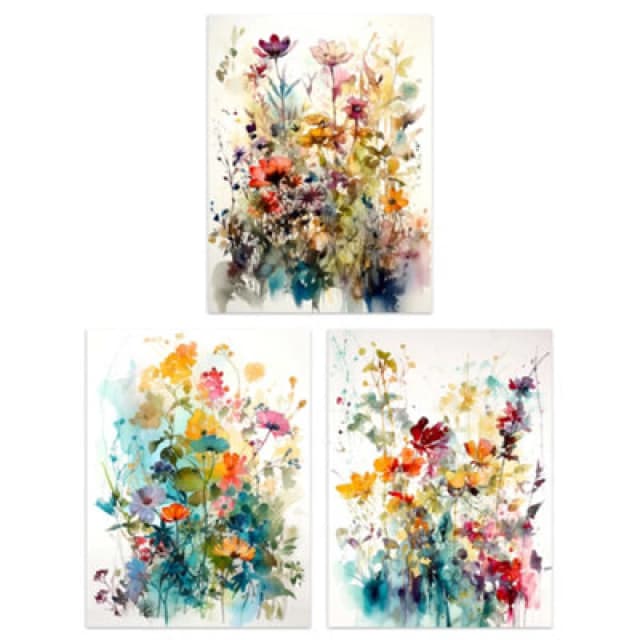Artery8 Wall Art Print Set Of 3 Wildflowers Colourful Watercolour Floral Artworks Spring Flower Field