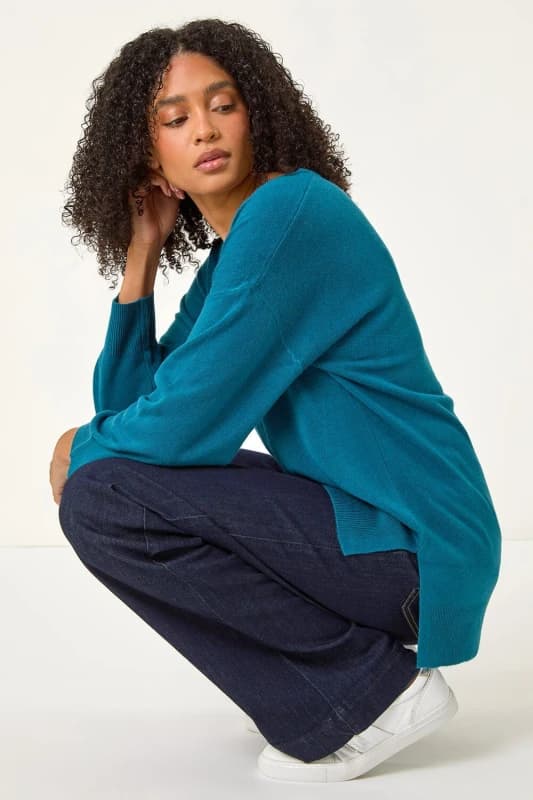 Roman Womens Soft V-Neck Side Split Knit Sweater in Teal Size: 12 Teal Female 12