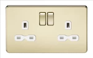 KnightsBridge 13A 2G DP Screwless Polished Brass 230V UK 3 Pin Switched Electric Wall Socket - White Insert