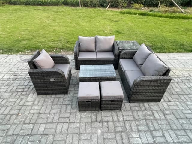 Fimous High Back Rattan Garden Furniture Set with Loveseat Sofa Rectangular Coffee Table Side Table 2 Small Footstools Indoor Outdoor Patio Lounge Sof