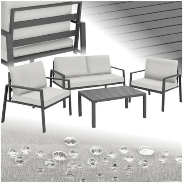 Tectake Garden Furniture Set Gothenburg - For 4 People, Rust-Proof Aluminum Frame, Thick Seat Cushions, Slatted Table - Light Grey