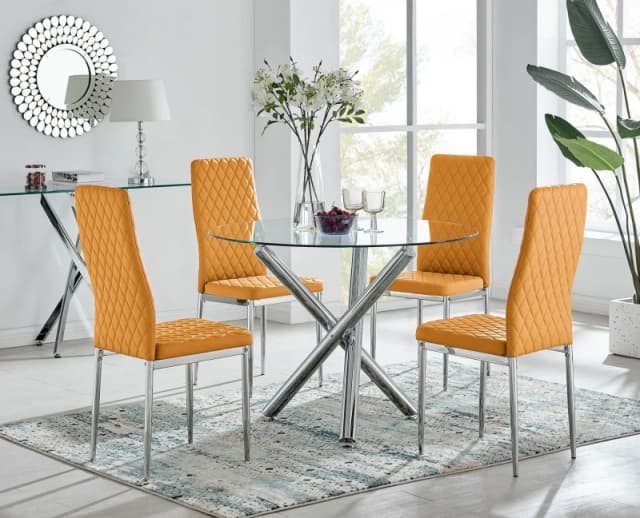 FurnitureboxUK FurnitureboxUK Selina Chrome Round Glass Dining Table and 4 Milan Dining Chairs in Mustard Size: 4 Person Mustard 4 Person Unisex 505