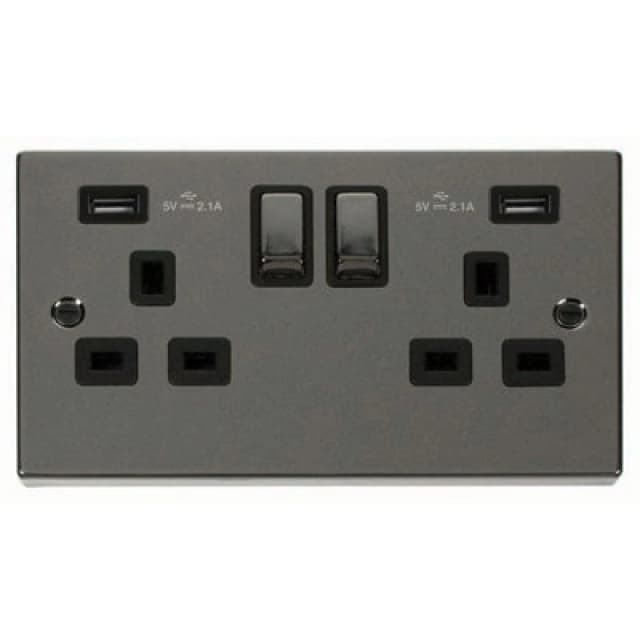 SE Home Black Nickel 2 Gang 13A DP Ingot 2 USB Twin Double Switched Plug Socket Black