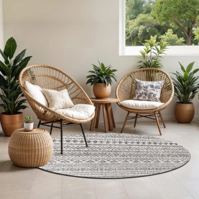 Livabliss Round In- & Outdoor Geometric Black Titi Area Rug 160 X 160 Cm - Easy To Clean, Perfect For Balcony, Kitchen Or Dining Room