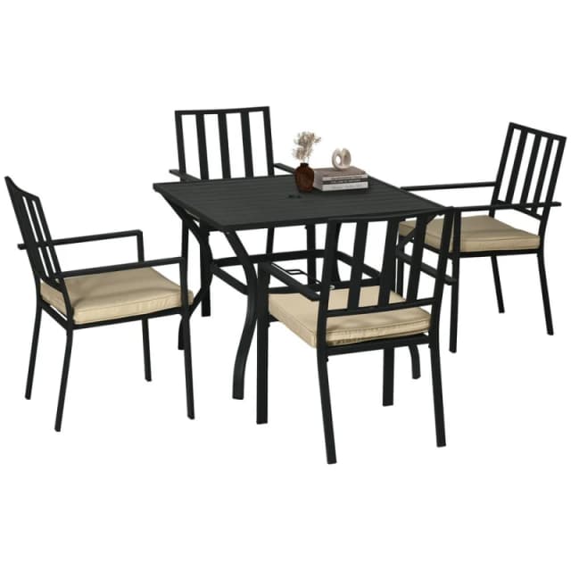 Outsunny Garden Dining Set with 4 Stackable Cushioned Chairs and Metal Top Table, Black 84G-280V70BK
