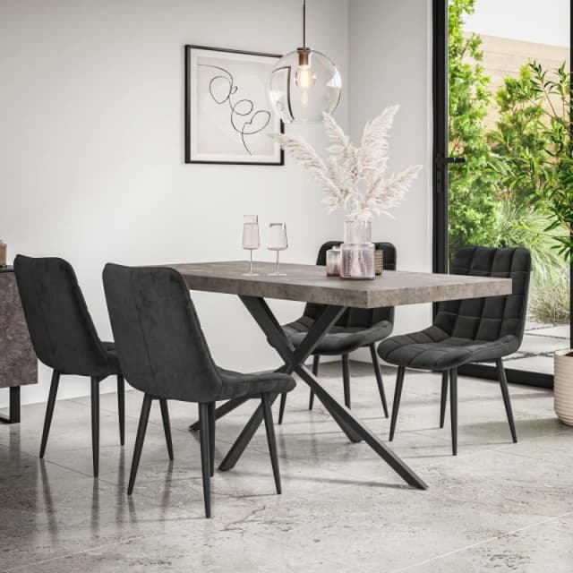 More4Homes Donni Dining Table And Chairs - Concrete Effect Table Top W Black Legs + Nova Velvet Dining Chair Set Of 4 (Black)