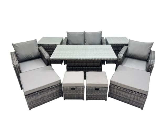 Fimous 8-seater Rattan Garden Furniture Dining Set with 2 Small Footstool in Dark Grey Dark Grey Unisex