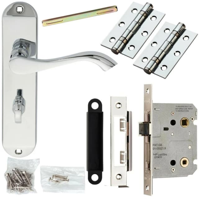 Loops Door Handle & Bathroom Lock Pack Chrome Curved Lever Thumb Turn Backplate Multi