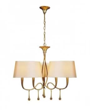 Ceiling Pendant 3 Arm 6 Light E14, Gold Painted with Cream Shades & Amber Glass Droplets