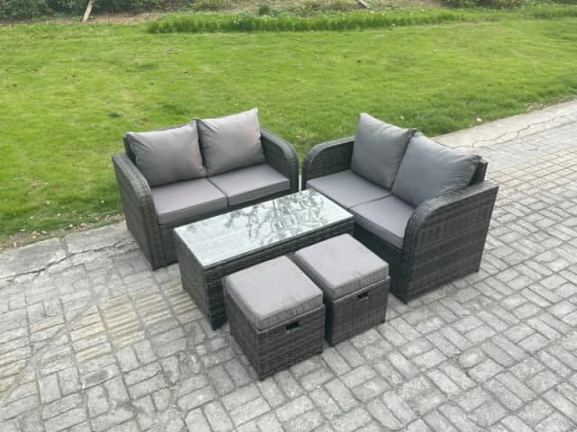 Fimous Patio Garden Furniture Sets Wicker Outdoor Rattan Furniture Sofa Sets with Rectangular Coffee Table 2 Small Footstools Dark Grey