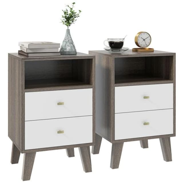 HOMCOM Bedside Tables Set of 2, Modern Nightstand with 2 Drawers and Open Cubby Grey