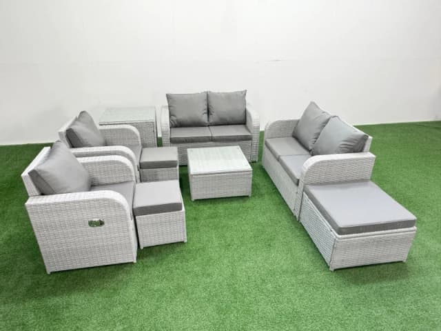 Fimous 9 Seater Outdoor Reclining Chair Love Sofa Set Rattan Garden Furniture Set with Square Coffee Table 3 Stools Side Table Light Grey Light Grey