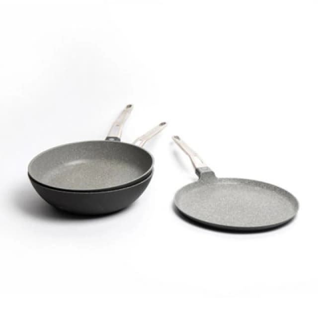 Masterclass 3pc Non-Stick Cookware Set with Cast Aluminium Wok 28cm, Frying Pan 28cm and Crepe Pan 28cm Grey