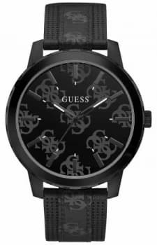 Guess Outlaw Mens Black Leather Strap Black Logo Dial Watch