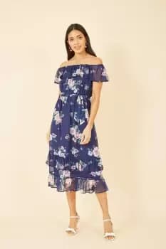 Navy Floral Bardot Midi Dress With Frill Hem