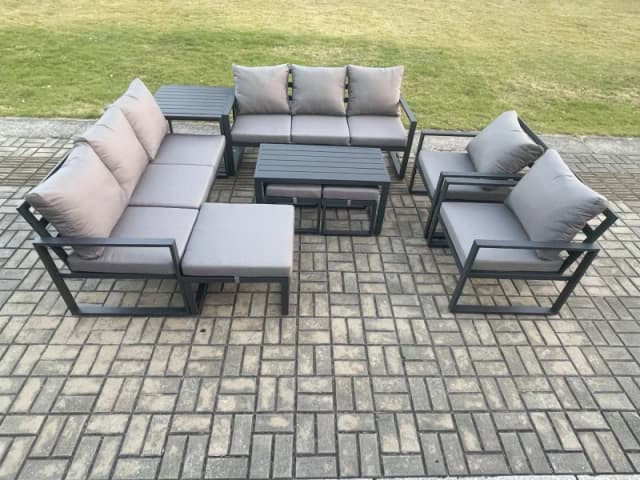 Fimous Aluminium Outdoor Garden Furniture Lounge Sofa 2 PC Chairs Oblong Coffee Table Sets with Side Table 3 Footstools Dark Grey Dark Grey Unisex