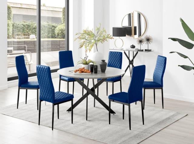 FurnitureboxUK FurnitureboxUK Novara Grey Concrete Effect Black Leg 120cm Round Dining Table & 6 Velvet Milan Black Leg Chairs in Navy Navy One Size U
