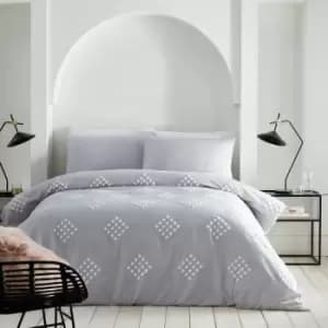 Boutique Diamond Tuft Embellished 100% Cotton Duvet Cover Set, Silver/White, Super King - Appletree