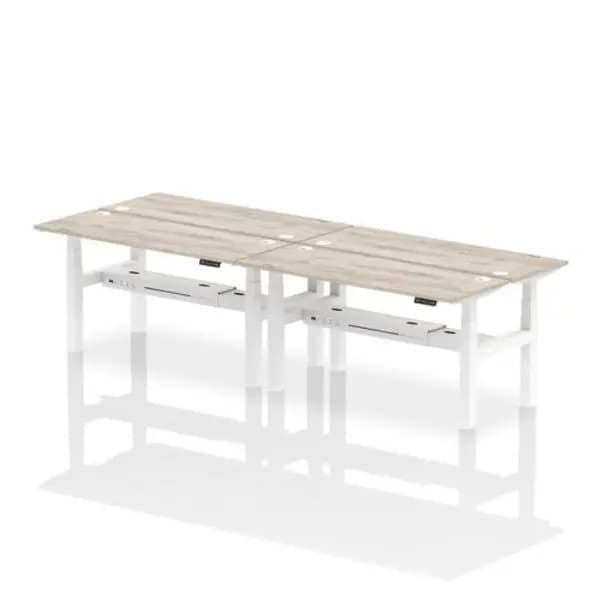 Air Air Back-to-Back 1600 x 600mm Height Adjustable 4 Person Bench Desk Grey Oak Top with Cable Ports White Frame HASCP4P16600GRYW