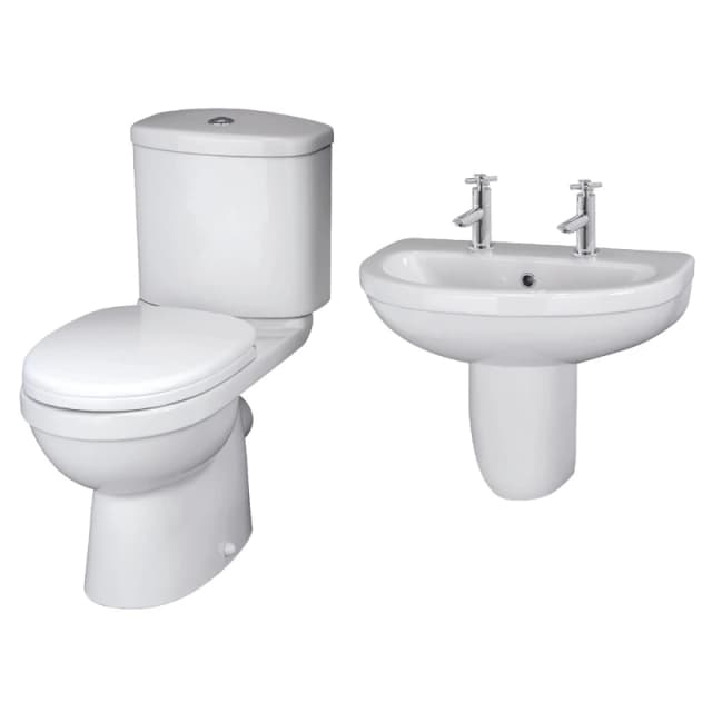 Balterley Vito Ceramic Suite Toilet SoftClose Seat 550mm 2TH Semi Pedestal Basin in White White Unisex
