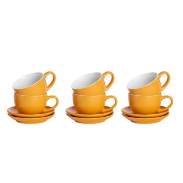 Argon Tableware 12 Piece Coloured Cappuccino Cup & Saucer Set - 250ml - Yellow - Durable Stoneware Coffee Tea Cup Dishwasher