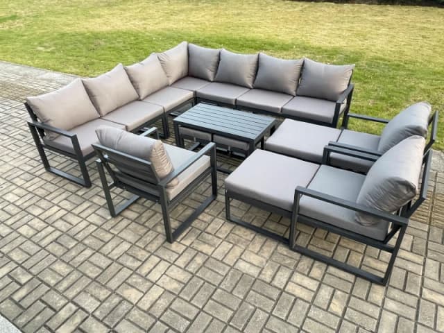 Fimous 14 Seater Aluminium Outdoor Garden Furniture Set Patio Lounge Sofa with Oblong Coffee Table 3 Pcs Chair 2 Small Footstools in Dark Grey Dark Gr