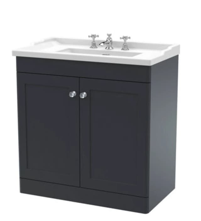 Nuie Classique Floor Standing 2 Door Unit & 3 Tap Hole Fireclay Basin, Sink Vanity Unit In Soft Black With White Basin