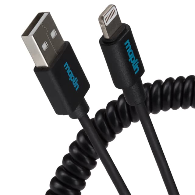 Maplin Lightning Connector to USB-A Coiled Curly Cable - Black - 0.5m