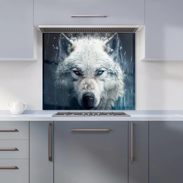 Warren Reed - Designer White Wolf Face Splashart Kitchen Splashback Size: 600mm x 750mm White Unisex 600mm x 750mm