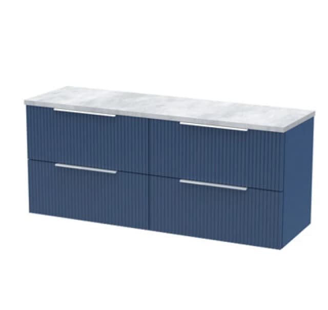Nuie Hudson Reed Fluted Wall Hung 4-Drawer Vanity Unit & Bellato Grey Laminate Worktop, Counter Top Vanity Unit In Satin Blue, 1200mm