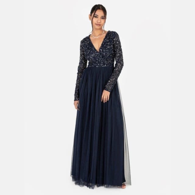 Maya Deluxe Maya Faux Wrap Front Embellished Maxi Dress Navy female 6 (2XS)