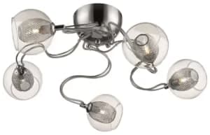 Spring 5 Light Flush Multi Arm Mesh Ceiling Light Chrome, Clear, G9