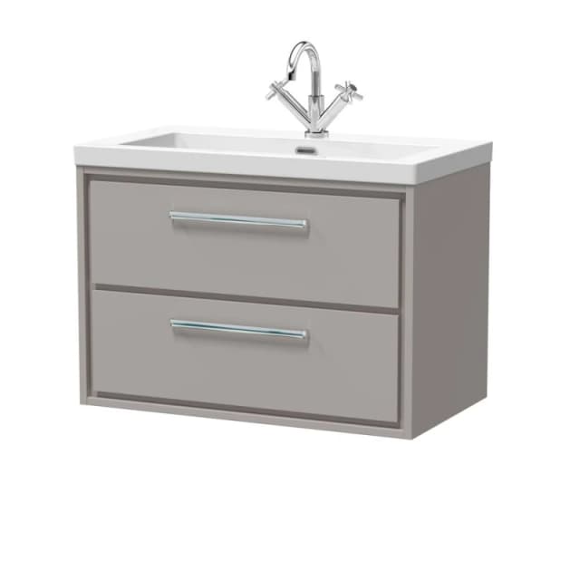 Balterley Modern Bathroom 2 Soft-Close Drawer Wall Hung Vanity Unit Fireclay Basin, Pebble Grey, 800mm
