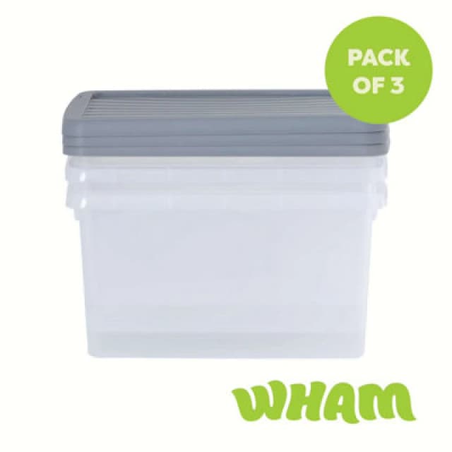 3 X Wham Box 16L Stackable Plastic Storage Box & Lid Clear/steel