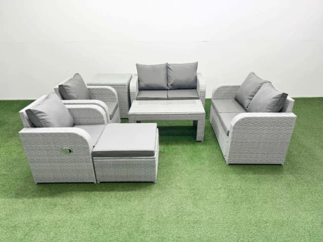 Fimous 7 Seater Outdoor Reclining Chair Love Sofa Set Rattan Garden Furniture Set with Oblong Coffee Table Footstool Side Table Light Grey Light Grey