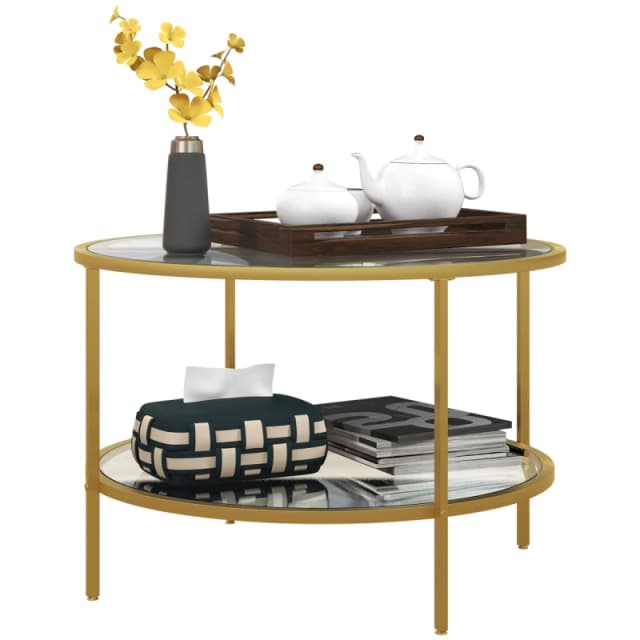 HOMCOM HOMCOM Round Coffee Table with Storage Shelf and Tempered Glass Top, Gold Gold One Size Unisex 5063603039445
