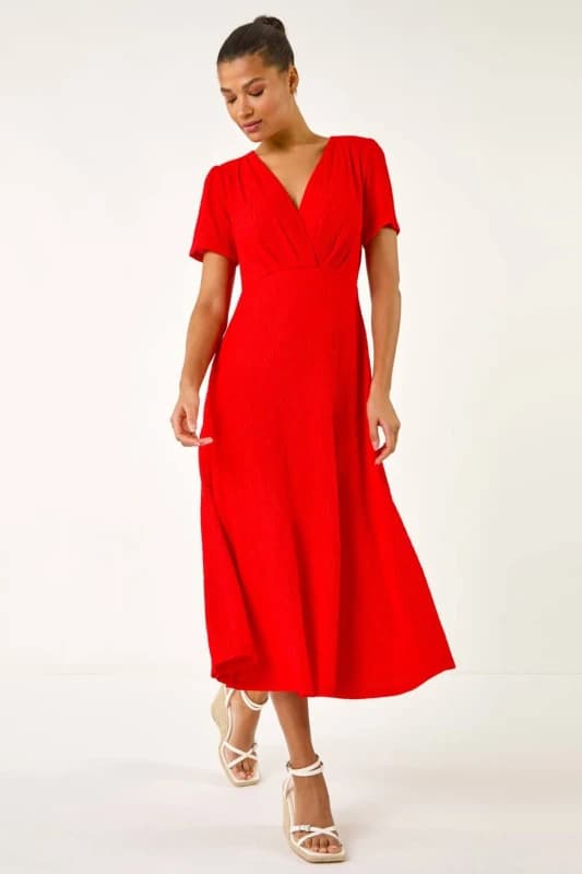 Roman Textured Wrap Bodice Midi Dress Red