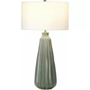 Table Lamp Sage Green Ceramic White Faux Silk Cylinder Shade LED E27 60W