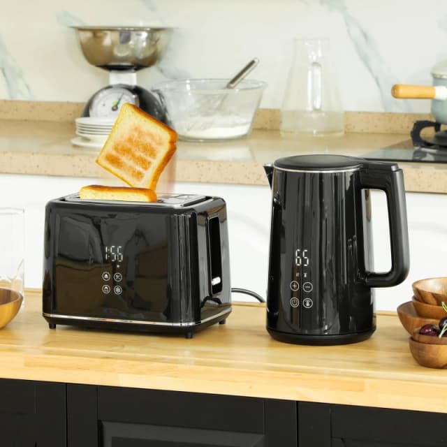 HOMCOM 1.5L 3000W Fast Boil Electric Kettle and 2 Slice Toaster Set, Black 800-211V70BK