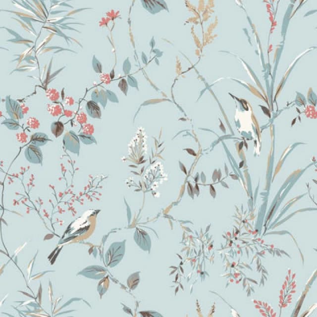 Crown Crown - Mariko Blue Wallpaper Floral Treebird Metallic Effect Stylish Feature Wall WL-M1856