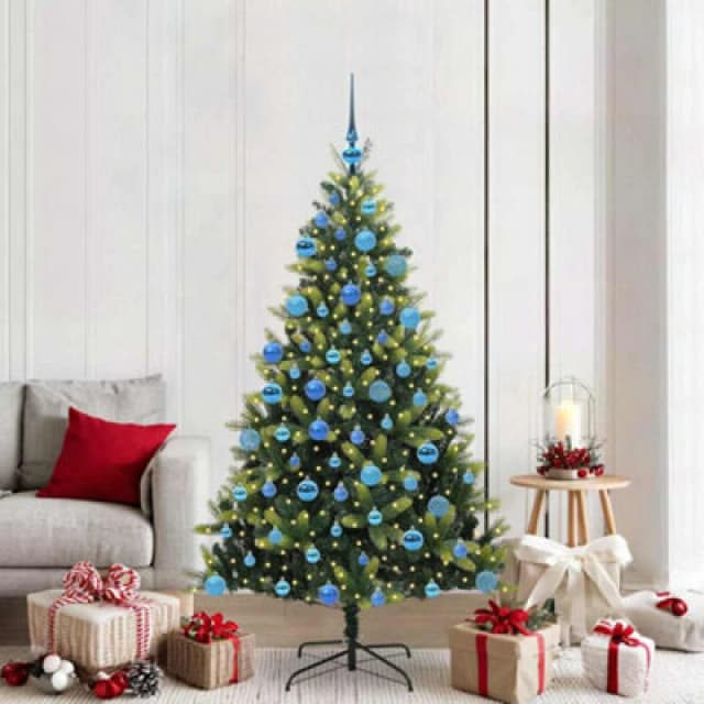 vidaXL Artificial Hinged Christmas Tree 300 LEDs, Blue Balls Green 180 cm, Green 3395998