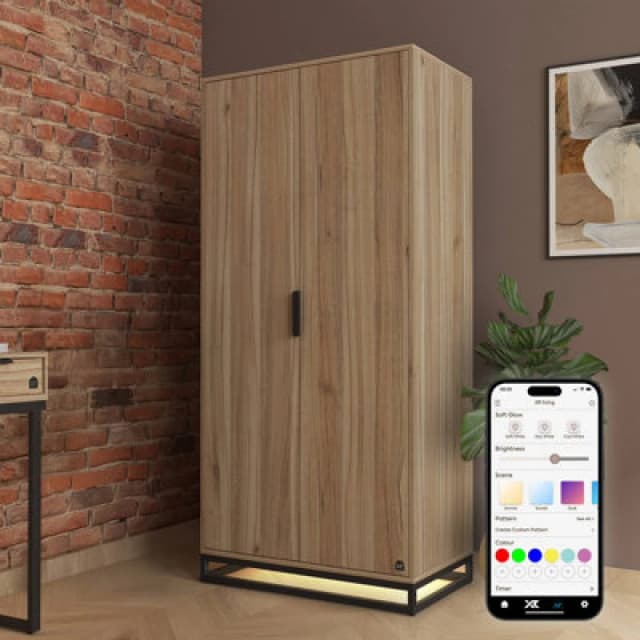 XR Living Denver 2 Door Wardrobe With LED App Control Lights - Oak / Black 2024193