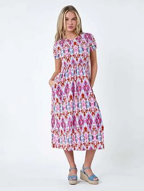 Roman Womens Petite Aztec Print Stretch Pocket Midi Dress in Pink Size: 8 Pink Female 8